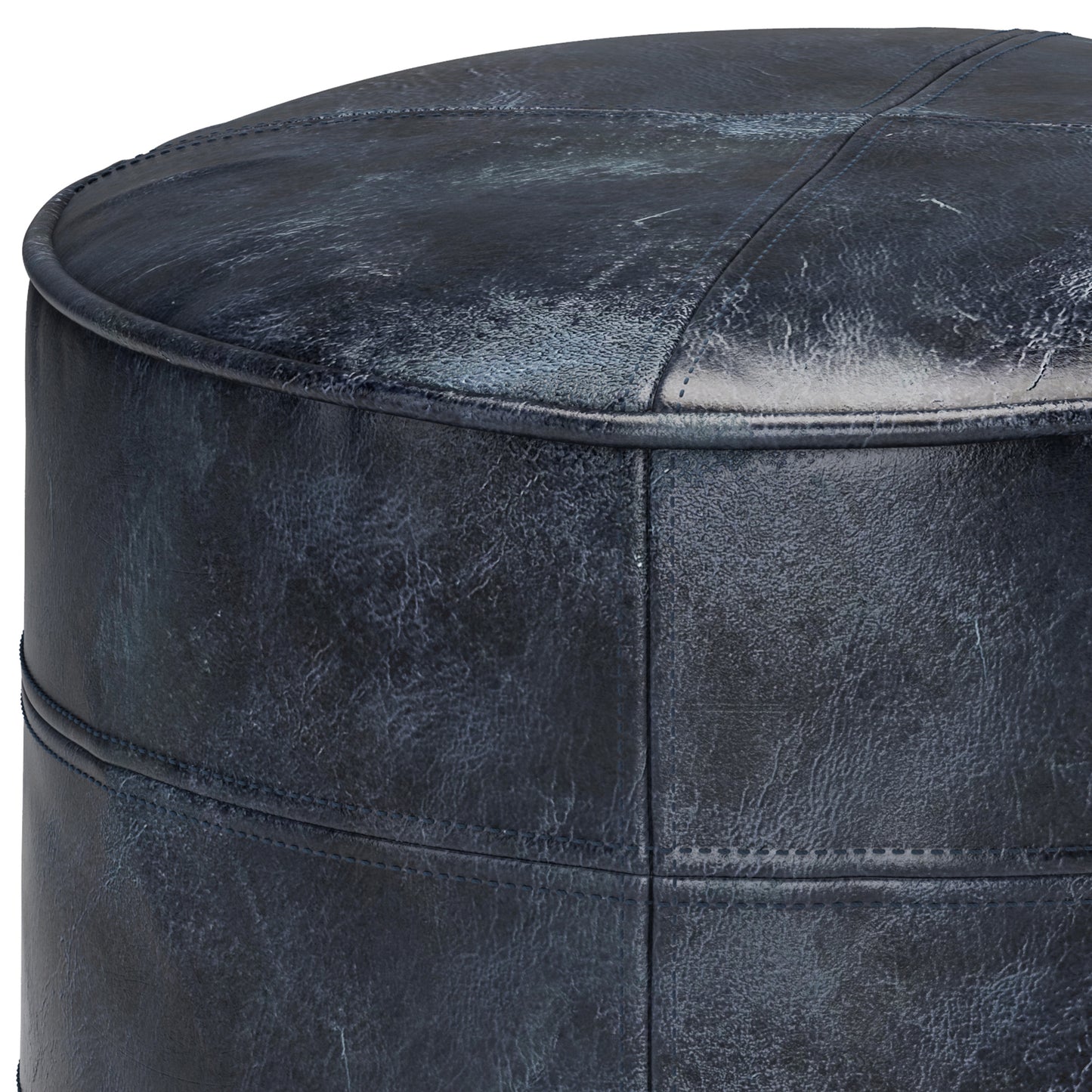 Connor Blue Leather Pouf – 18" Round Pouf – view 2