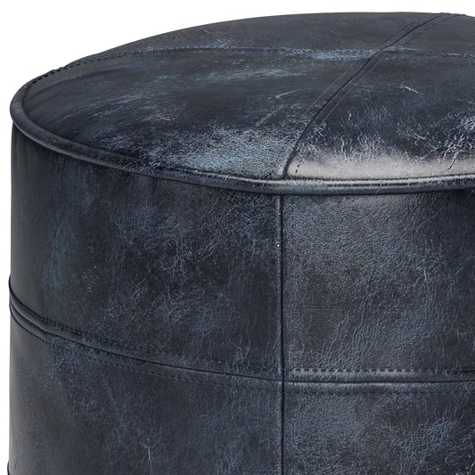 Connor Blue Leather Pouf – 18" Round Pouf – view 2