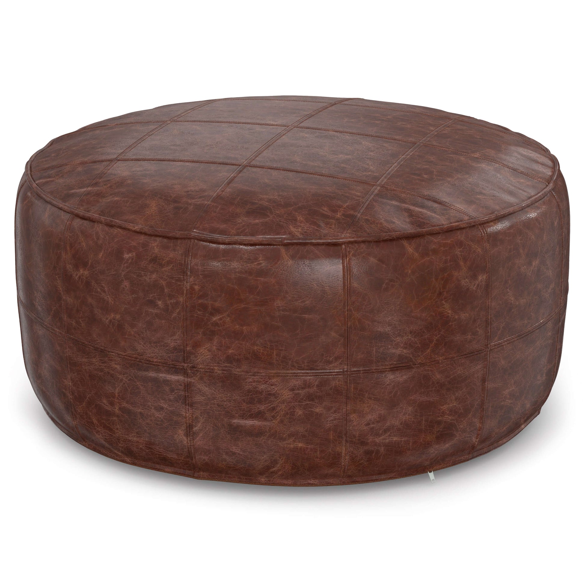 Connor Brown Buffalo Leather Ottoman 34" – Round Top-Grain Leather Pouf in rich top-grain buffalo leather.