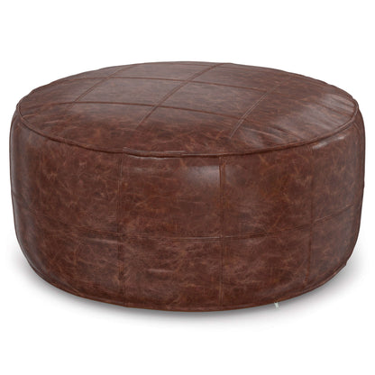 Connor Brown Buffalo Leather Ottoman 34" – Round Top-Grain Leather Pouf in rich top-grain buffalo leather.