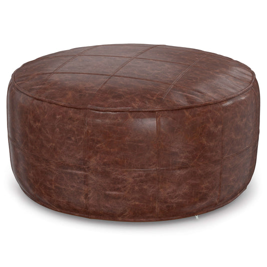 Connor Brown Buffalo Leather Ottoman 34" – Round Top-Grain Leather Pouf in rich top-grain buffalo leather.