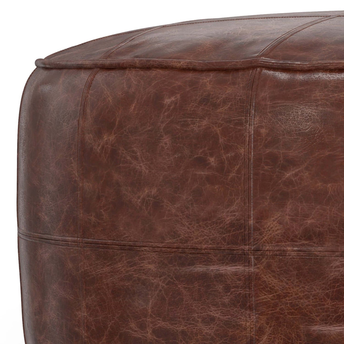 Connor Brown Buffalo Leather Ottoman 34" – Round Top-Grain Leather Pouf close-up view of distressed leather texture