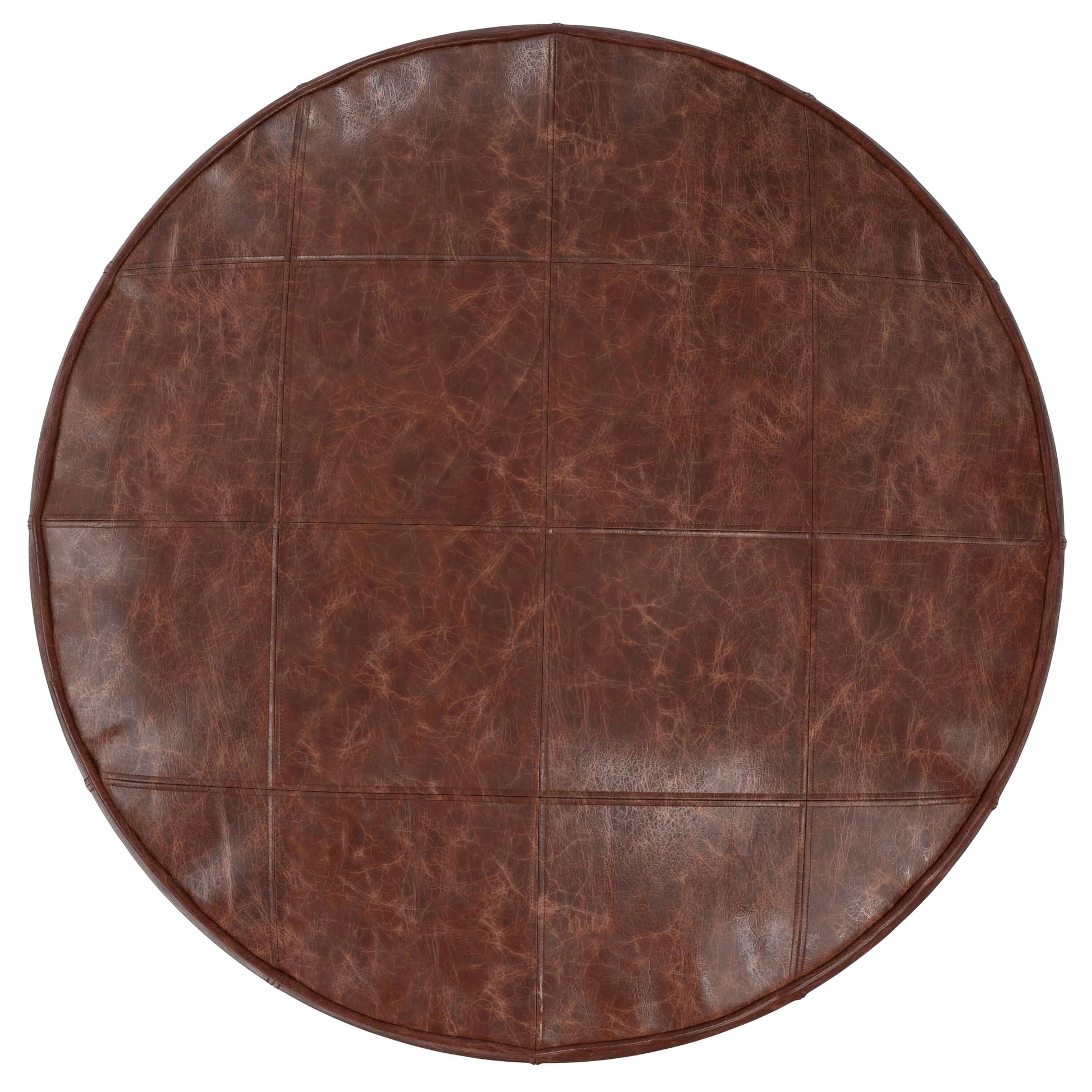 Connor Brown Buffalo Leather Ottoman 34" – Round Top-Grain Leather Pouf, circular brown leather pouf with distinct leather panels.