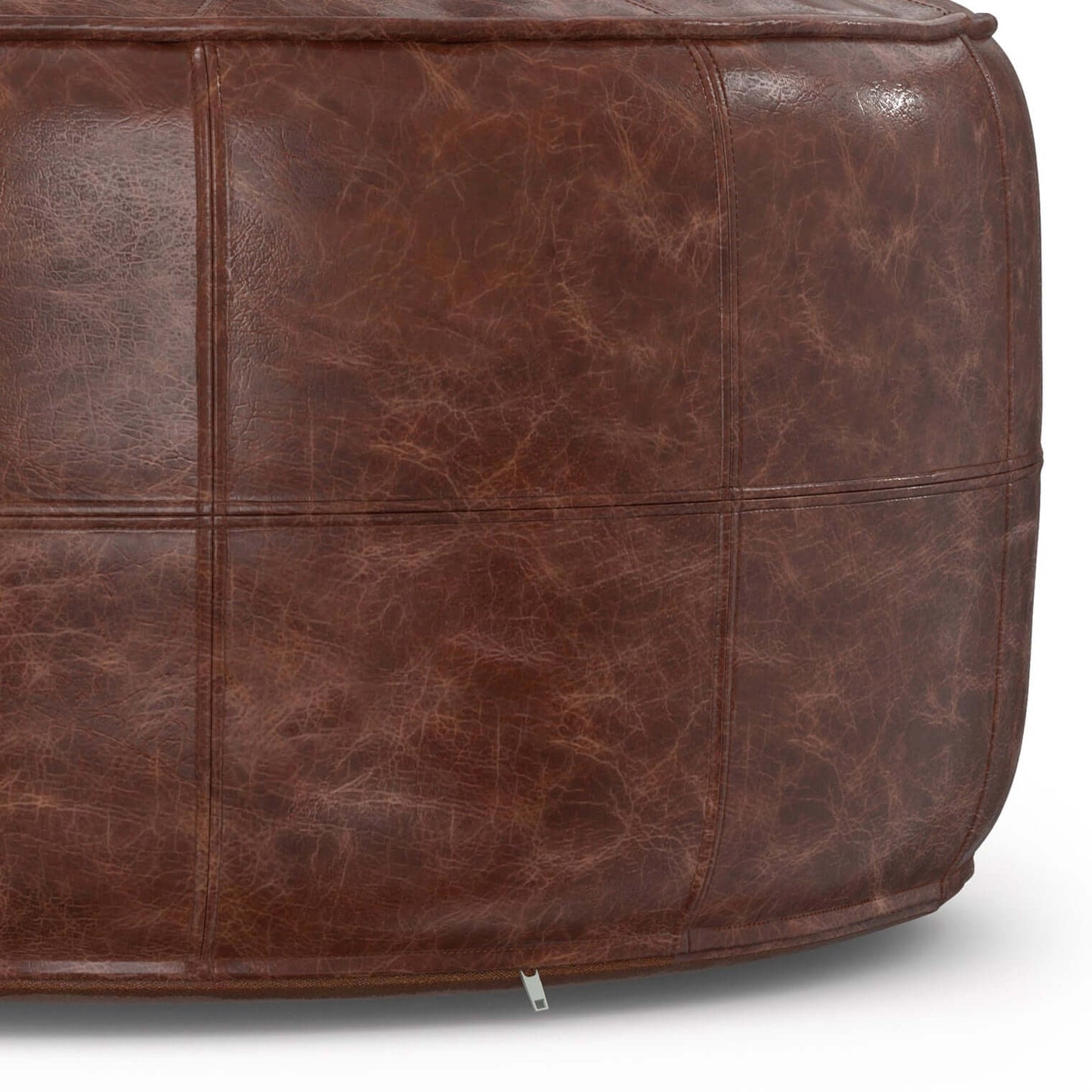 Connor Brown Buffalo Leather Ottoman 34" – Round Top-Grain Leather Pouf with a textured brown finish.