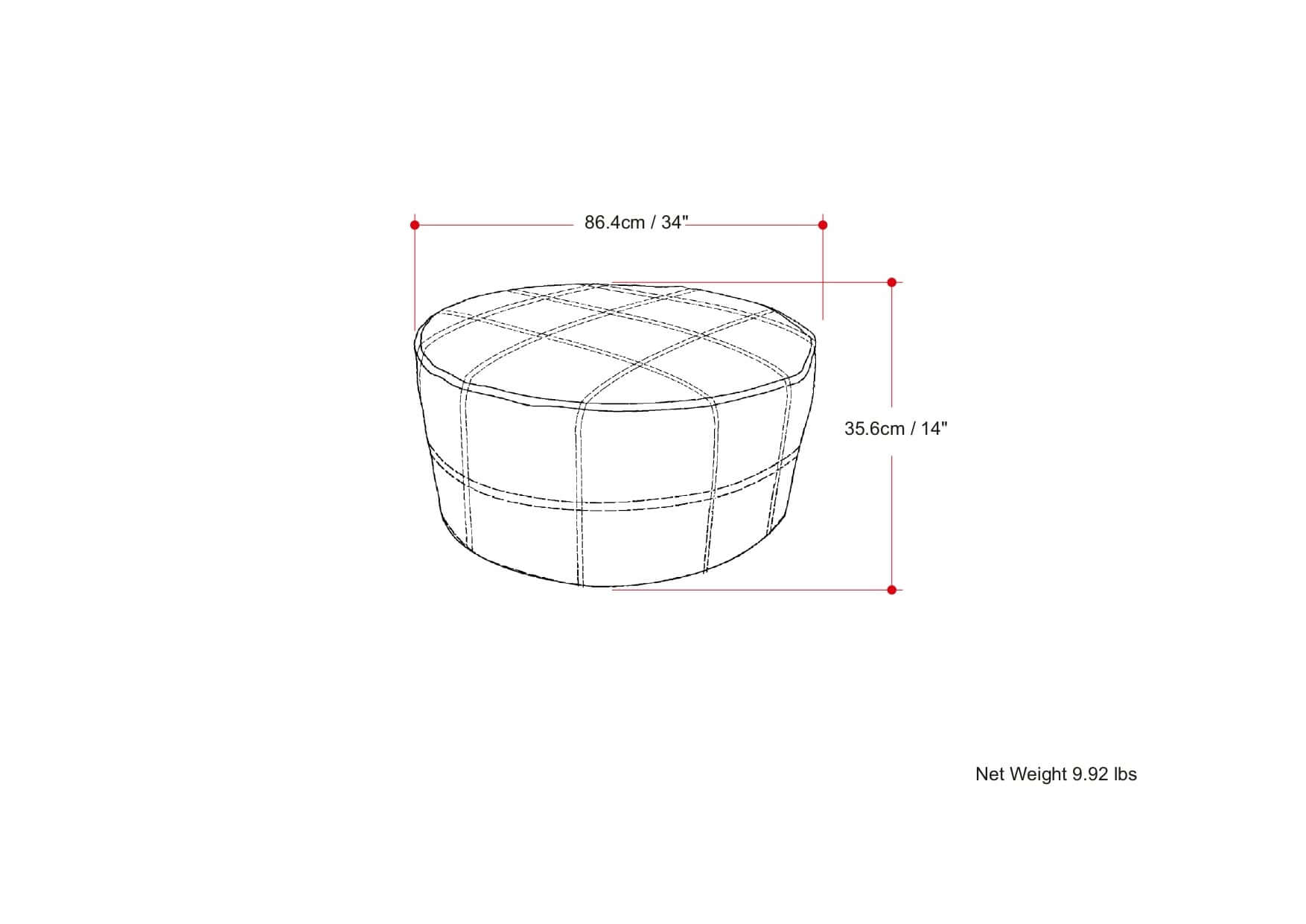 Connor Brown Buffalo Leather Ottoman 34" – Round Top-Grain Leather Pouf dimensions and details illustration.