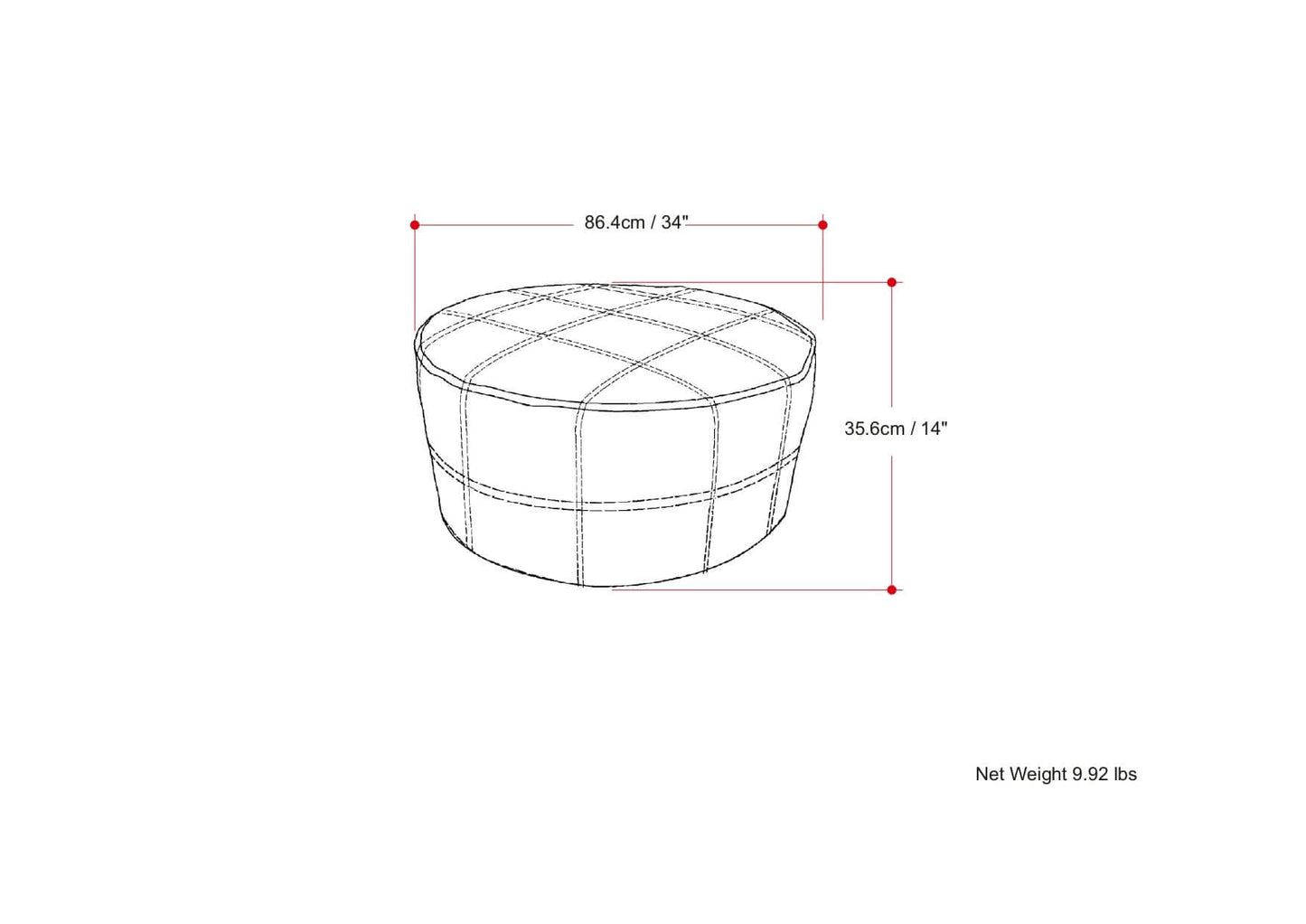 Connor Brown Buffalo Leather Ottoman 34" – Round Top-Grain Leather Pouf dimensions and details illustration.
