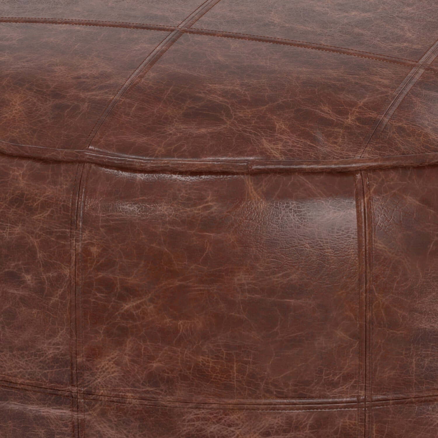 Connor Brown Buffalo Leather Ottoman 34" – Round Top-Grain Leather Pouf close-up of textured leather surface