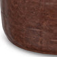 Connor Brown Buffalo Leather Ottoman 34" – Round Top-Grain Leather Pouf close-up of distressed leather texture.