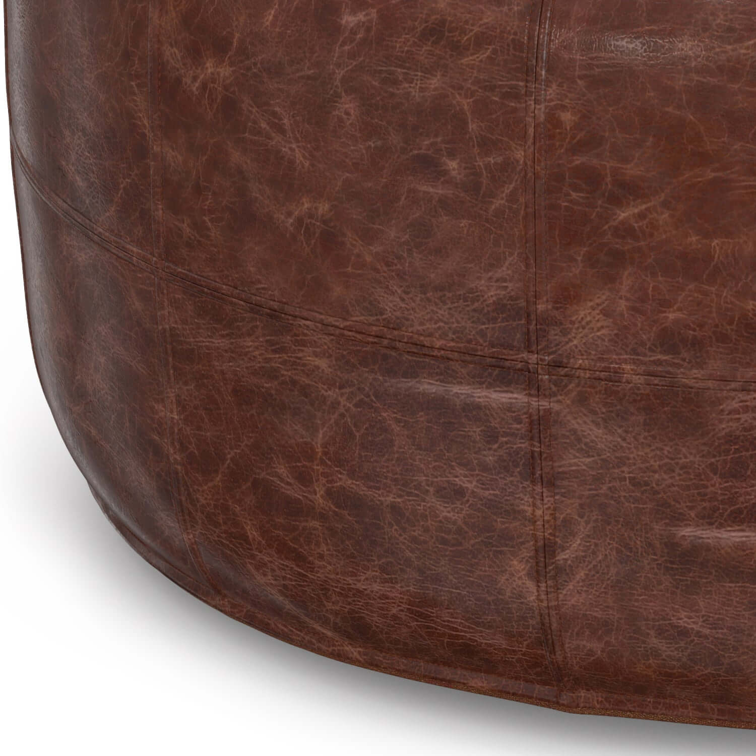 Connor Brown Buffalo Leather Ottoman 34" – Round Top-Grain Leather Pouf close-up of distressed leather texture.