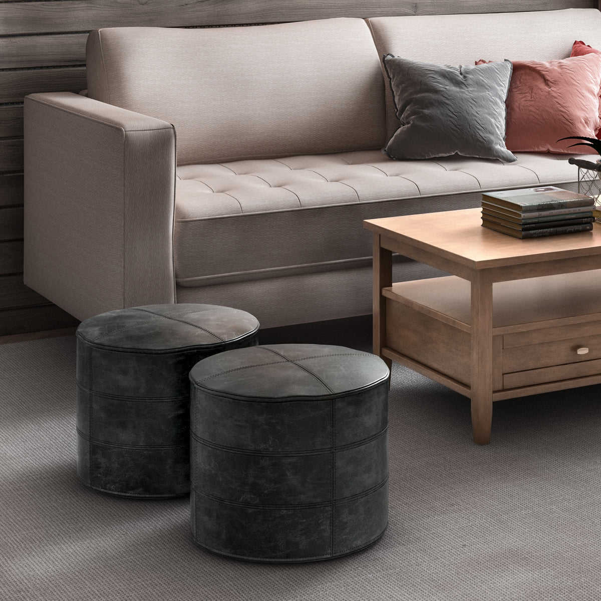 Connor Distressed Black Leather Pouf – 18" Round Genuine Leather Ottoman – view 2
