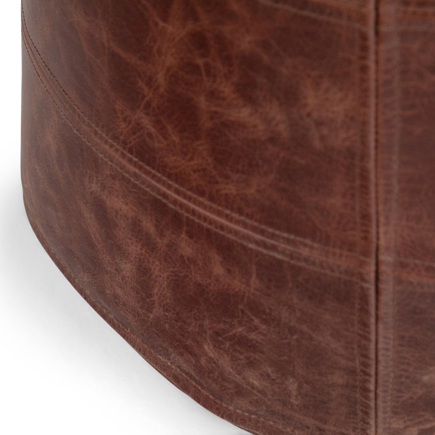Connor Distressed Brown Buffalo Leather Pouf – 18" Round Footstool – view 4