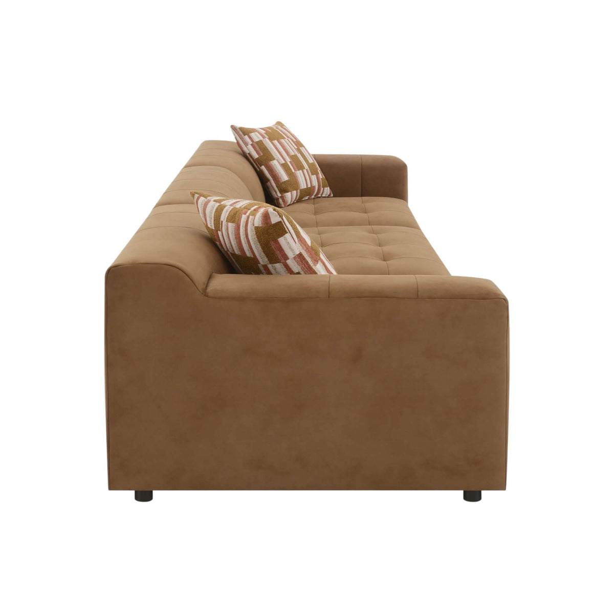 Contemporary Modular Suede Sofa – 144” Chocolate Sectional with Pillows side view with colorful cushions on top.