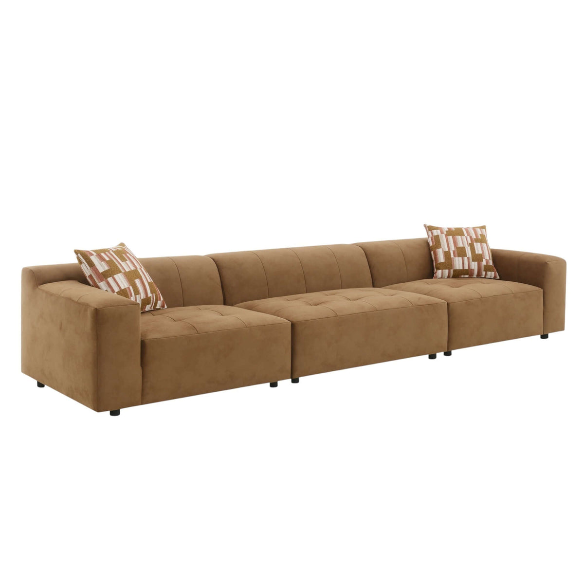 Contemporary Modular Suede Sofa – 144” Chocolate Sectional with Pillows, deep seating and rich texture for modern living.