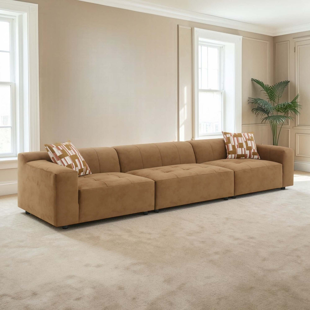Contemporary Modular Suede Sofa – 144” Chocolate Sectional with Pillows in a spacious living room.
