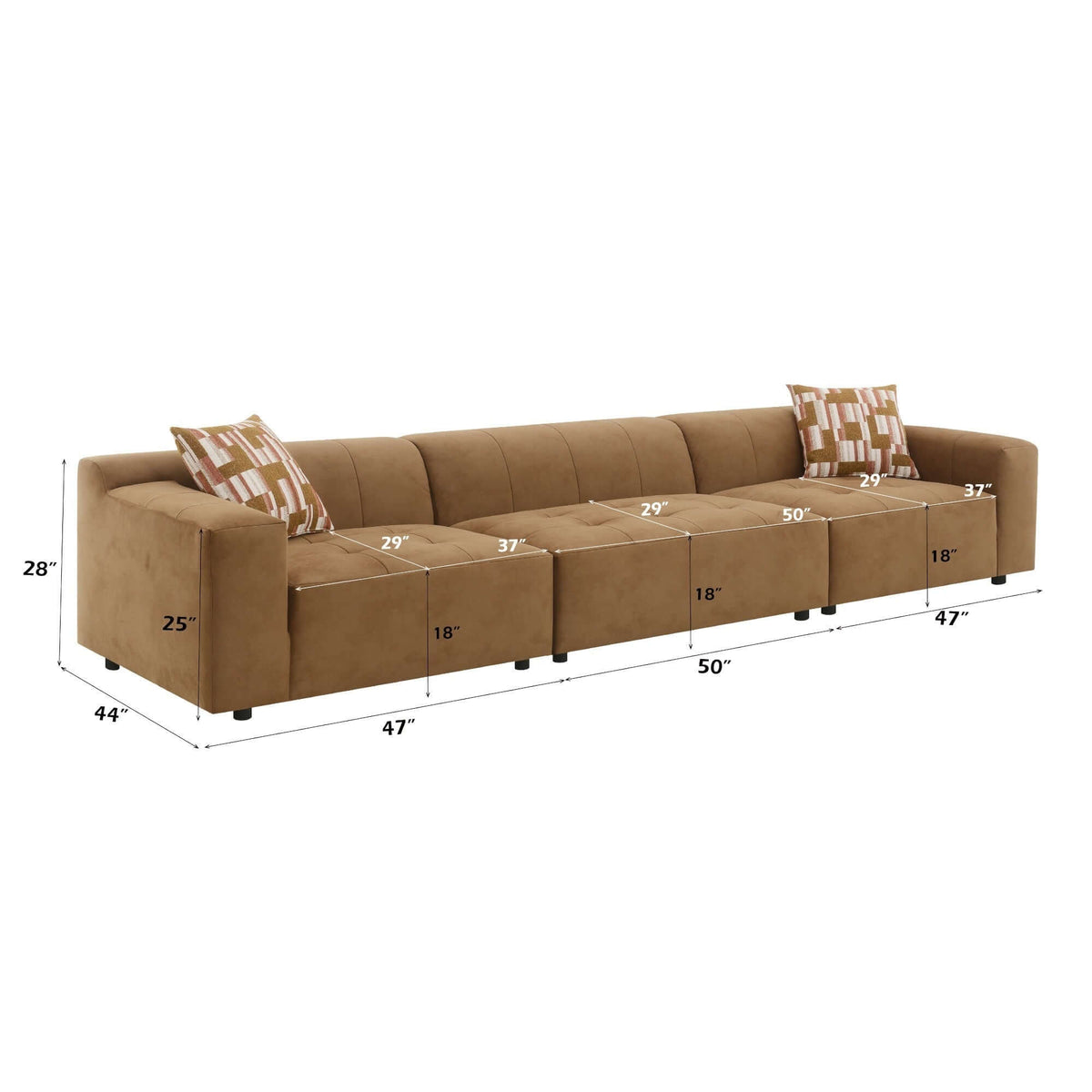 Contemporary Modular Suede Sofa – 144” Chocolate Sectional with Pillows measures 144" with deep seating and modern design.