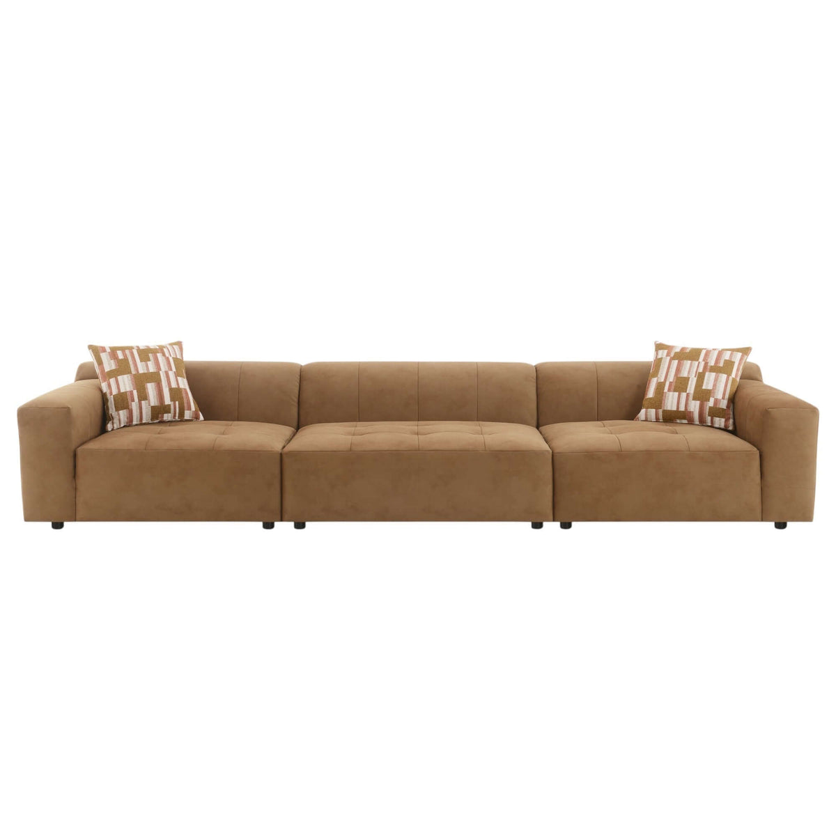 Contemporary Modular Suede Sofa – 144” Chocolate Sectional with Pillows featuring deep seating and rich texture.