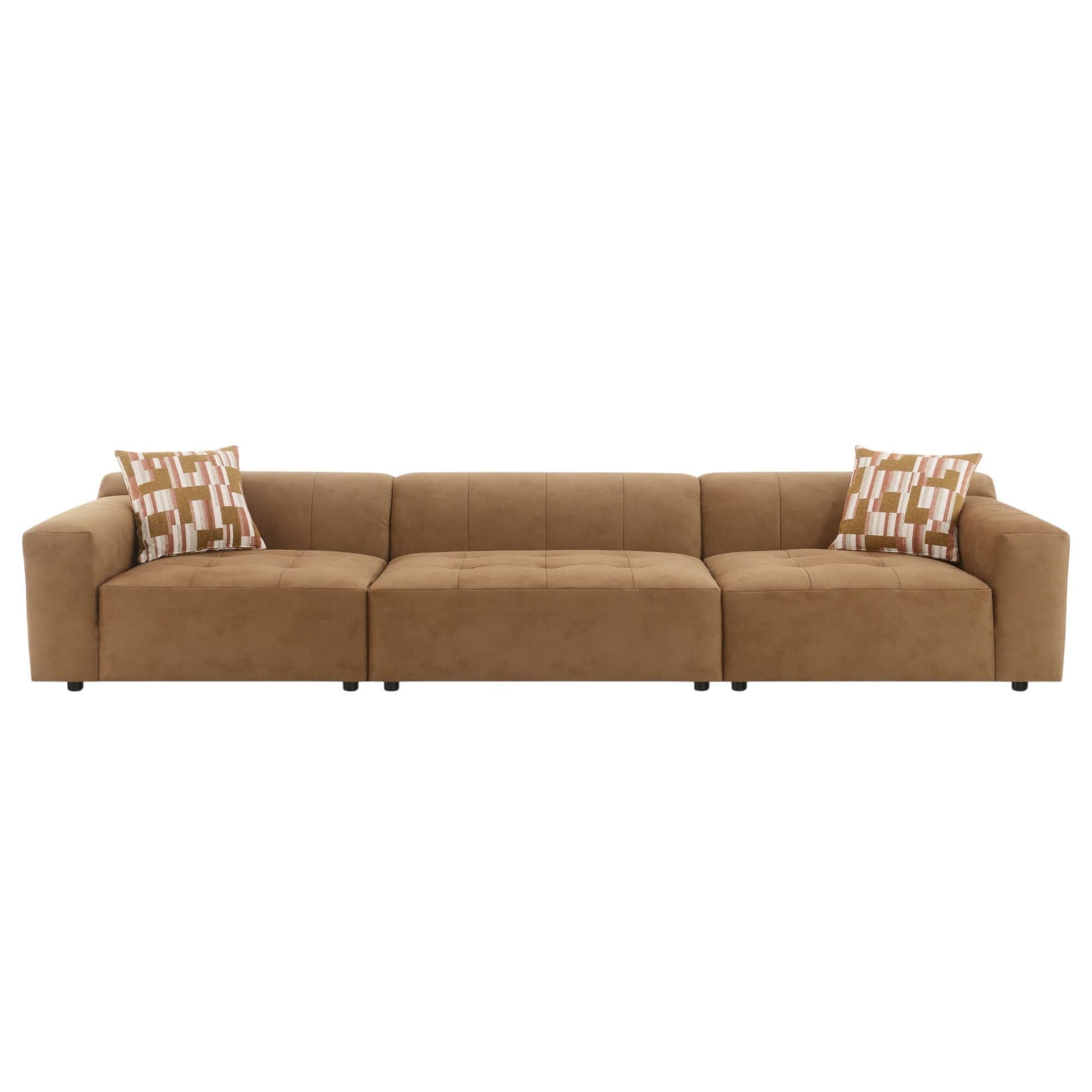 Contemporary Modular Suede Sofa – 144” Chocolate Sectional with Pillows featuring deep seating and rich texture.