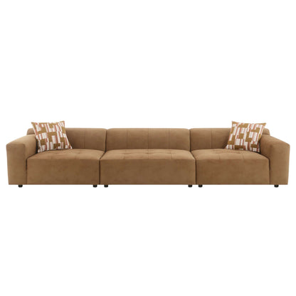 Contemporary Modular Suede Sofa – 144” Chocolate Sectional with Pillows featuring deep seating and rich texture.