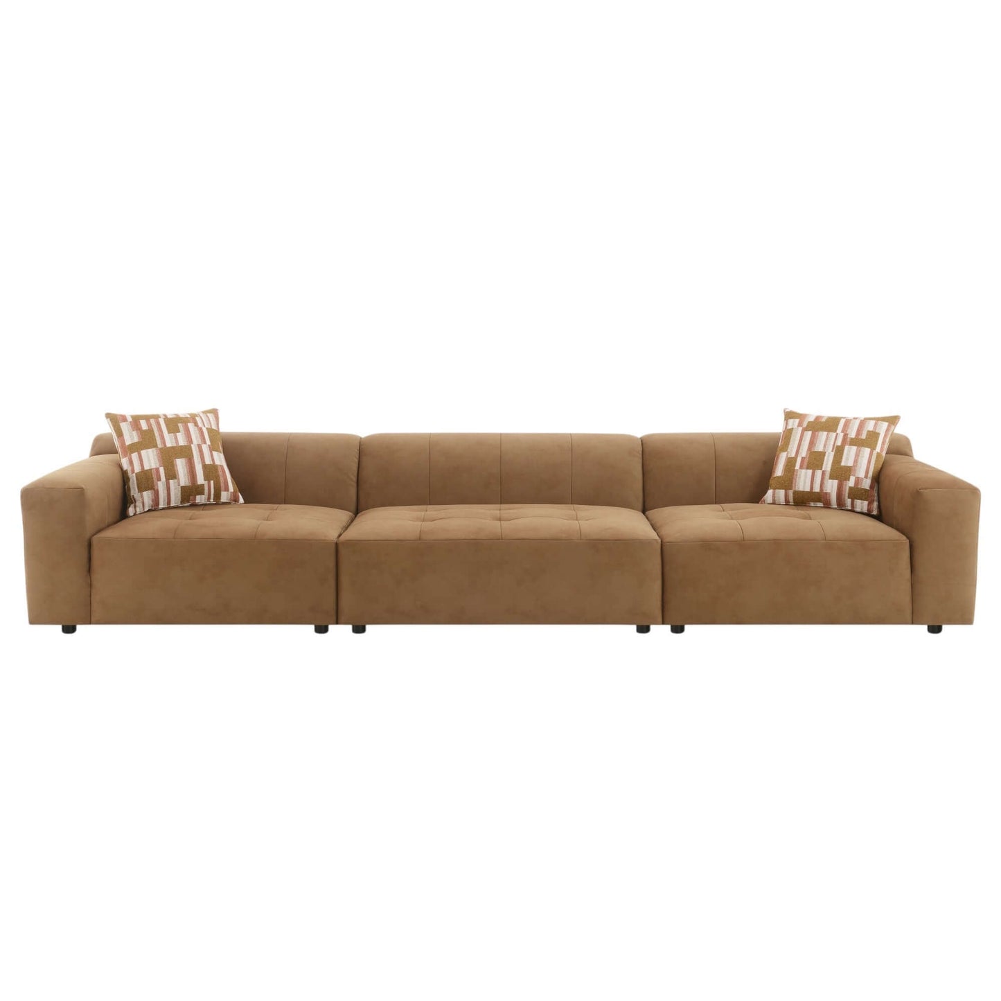 Contemporary Modular Suede Sofa – 144” Chocolate Sectional with Pillows featuring deep seating and rich texture.