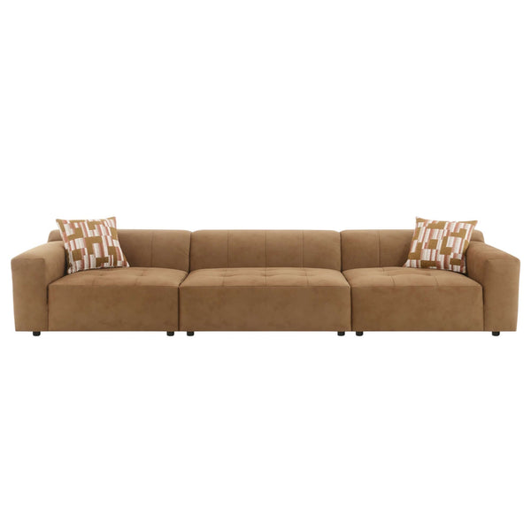 Contemporary Modular Suede Sofa – 144” Chocolate Sectional with Pillows featuring deep seating and rich texture.