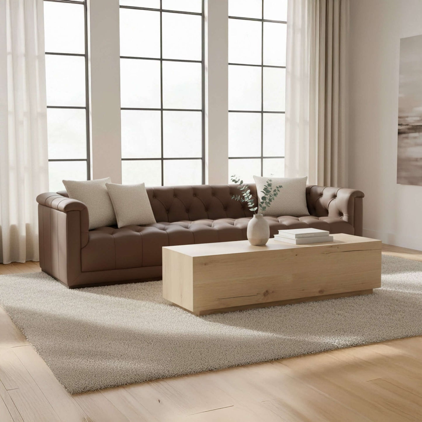83.5" Cool Brown Top Grain Leather Sofa | Modern Rectilinear 3-Seater Sofa in a stylish living room.