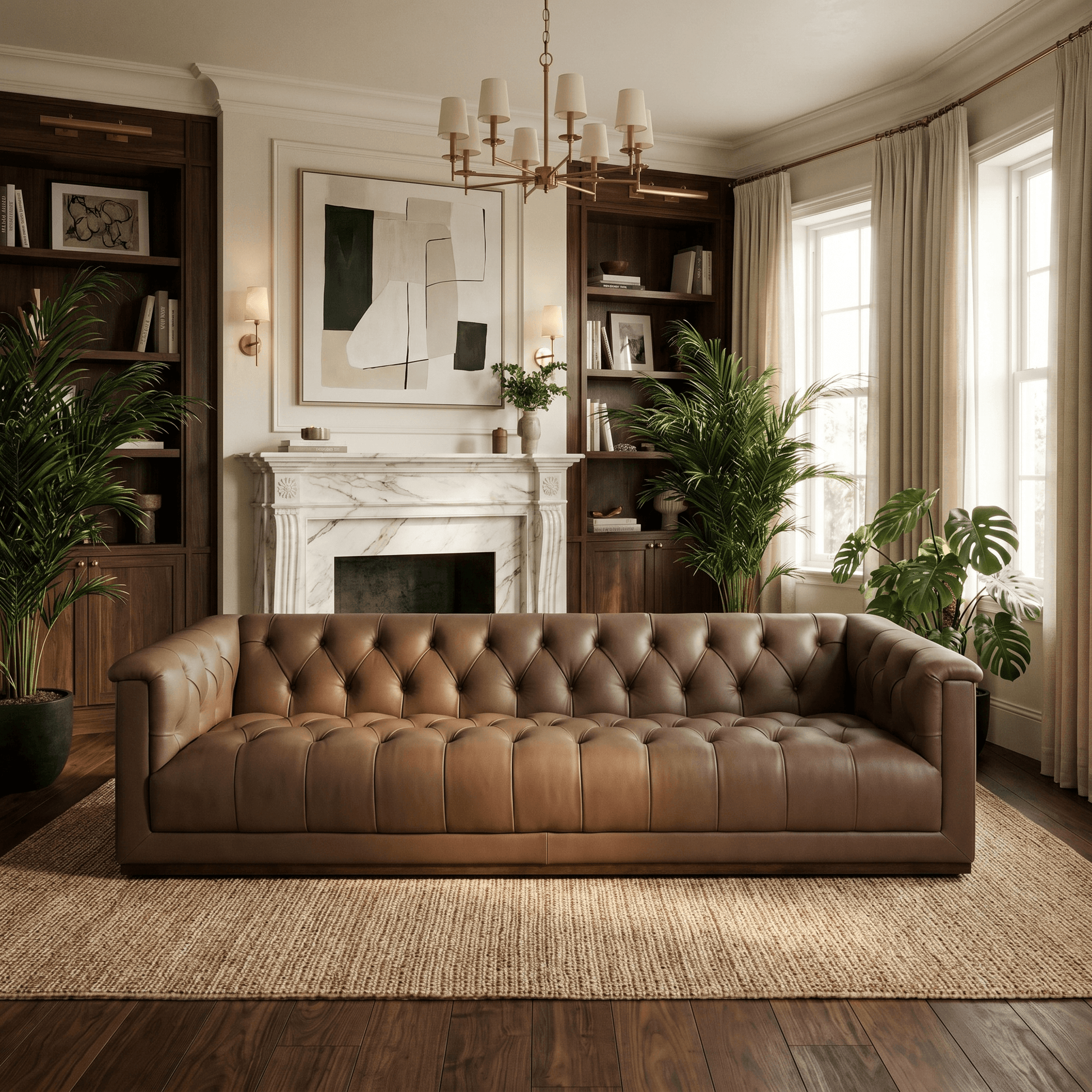 83.5" Cool Brown Top Grain Leather Sofa | Modern Rectilinear 3-Seater Sofa in a stylish living room setting.