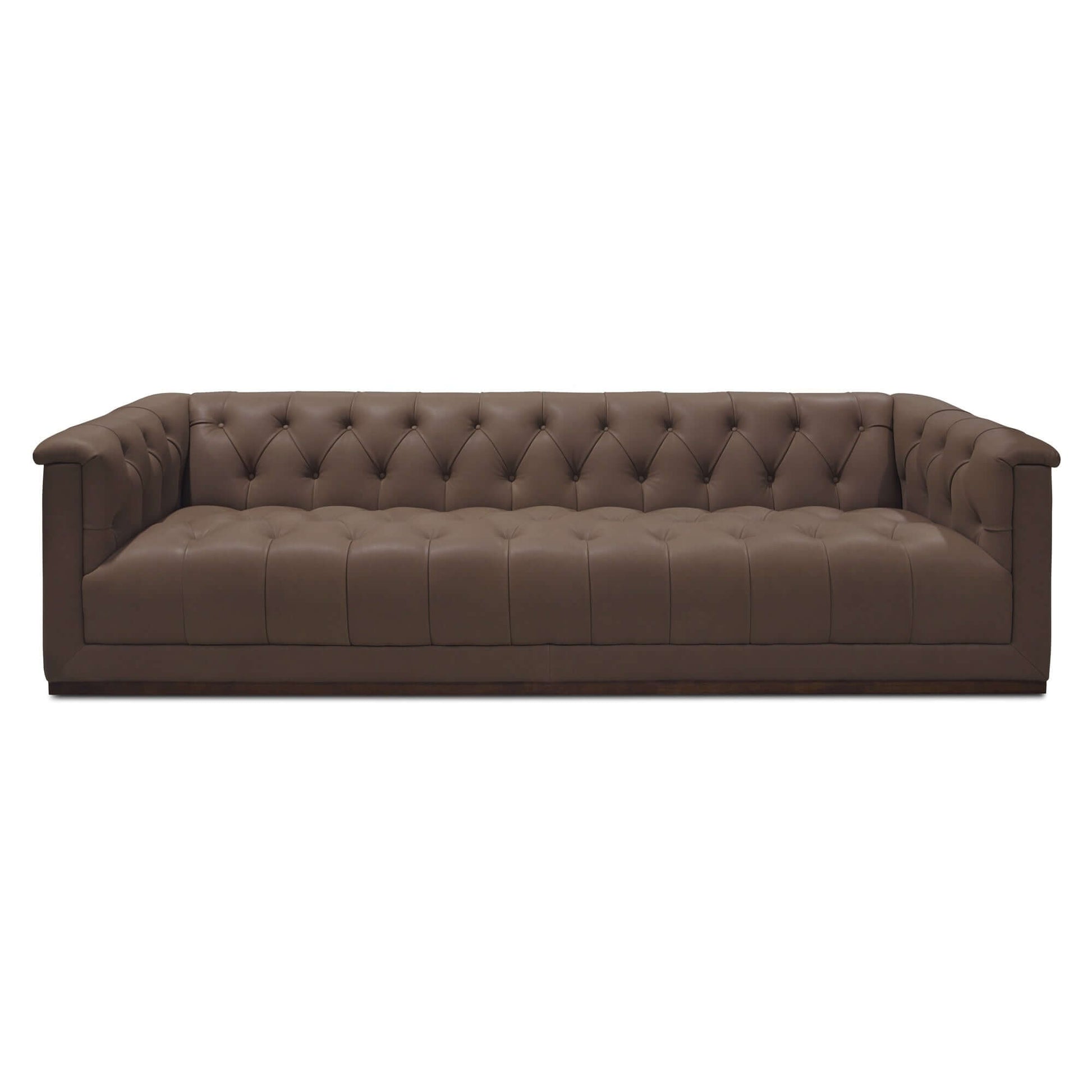 83.5" Cool Brown Top Grain Leather Sofa | Modern Rectilinear 3-Seater Sofa featuring tufted back design.