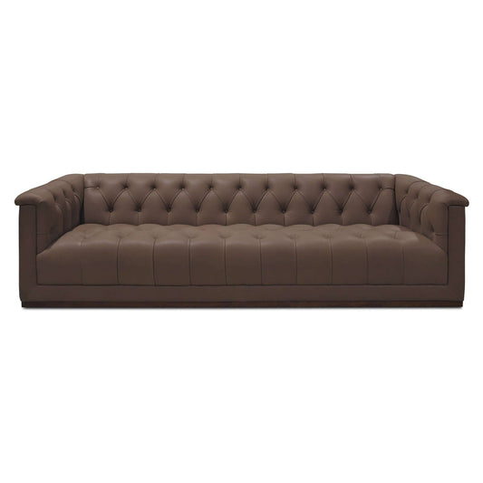83.5" Cool Brown Top Grain Leather Sofa | Modern Rectilinear 3-Seater Sofa featuring tufted back design.
