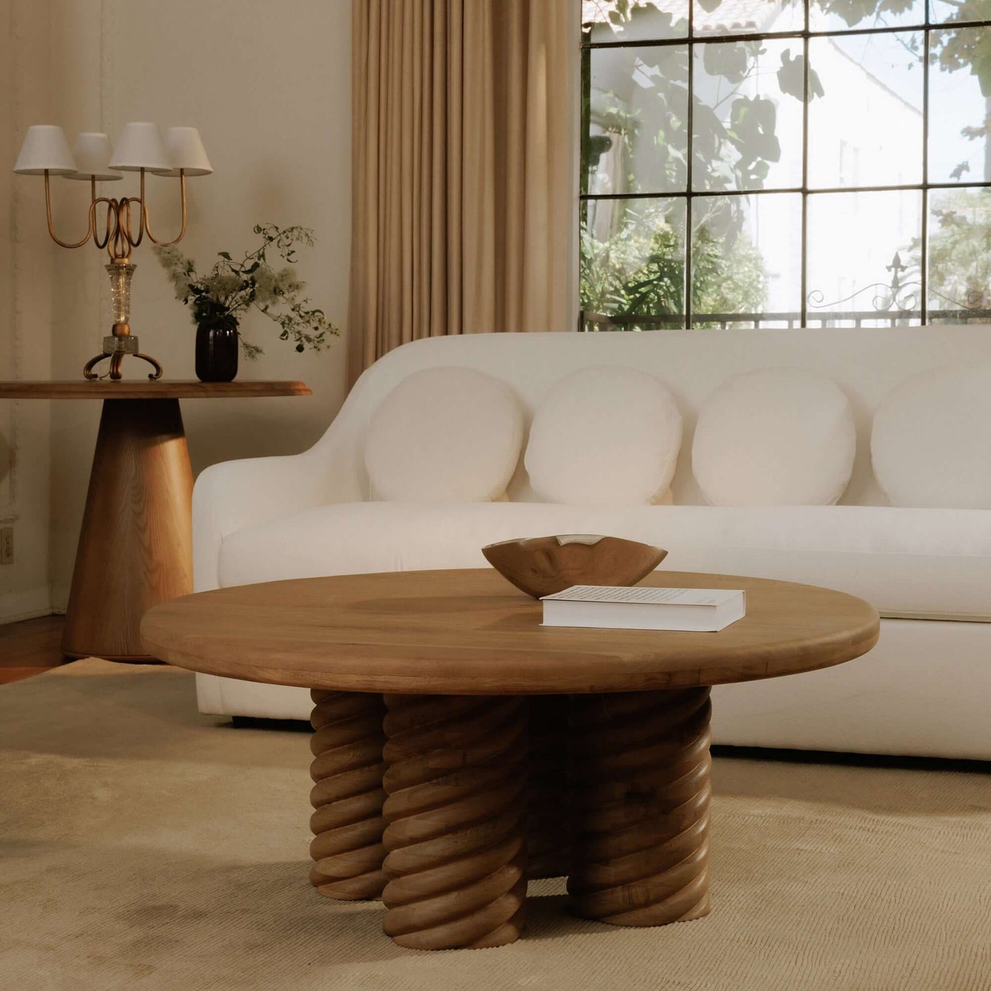 Rialto White Performance Fabric Sofa with Curved Back & Toss Cushions | Modern Sofa in stylish living room.