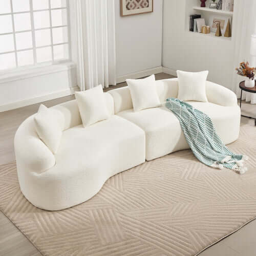 Curved Compression Foam Sectional Sofa – 110” Modular Chenille Couch (Sleeper Style) with plush cushions and cozy blanket.