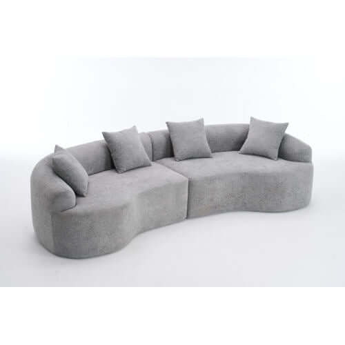Curved Compression Foam Sectional Sofa – 110” Modular Chenille Couch (Sleeper Style) in light gray upholstery.