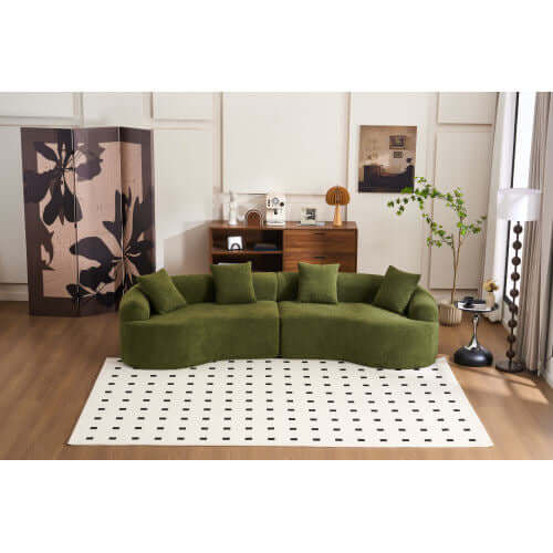 Curved Compression Foam Sectional Sofa – 110” Modular Chenille Couch (Sleeper Style) in a stylish living room setting.