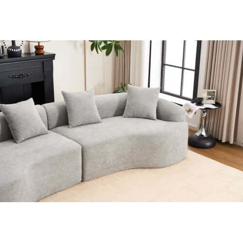 Curved Compression Foam Sectional Sofa – 110” Modular Chenille Couch (Sleeper Style) in light gray with plush cushions.