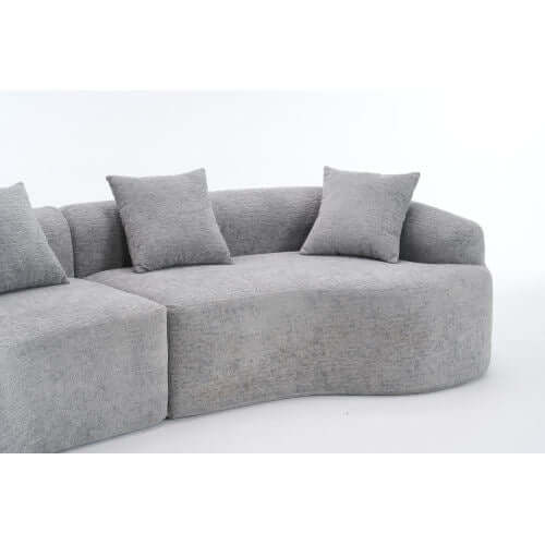 Curved Compression Foam Sectional Sofa – 110” Modular Chenille Couch (Sleeper Style) with soft gray upholstery and cushions.