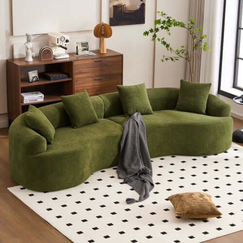 Curved Compression Foam Sectional Sofa – 110” Modular Chenille Couch (Sleeper Style) in green upholstery with cushions.