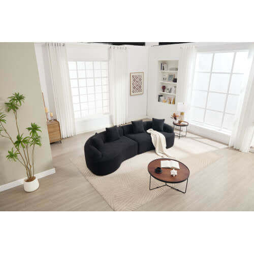 Curved Compression Foam Sectional Sofa – 110” Modular Chenille Couch (Sleeper Style) in modern living room setting.