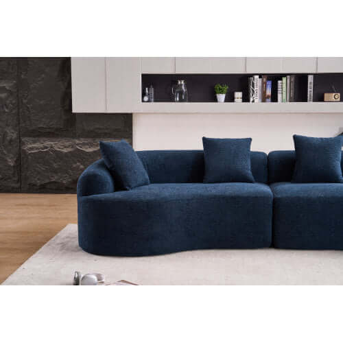 Curved Compression Foam Sectional Sofa – 110” Modular Chenille Couch (Sleeper Style) in blue with plush cushions.