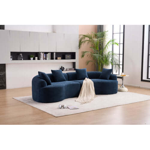Curved Compression Foam Sectional Sofa – 110” Modular Chenille Couch (Sleeper Style) in modern living room setting.