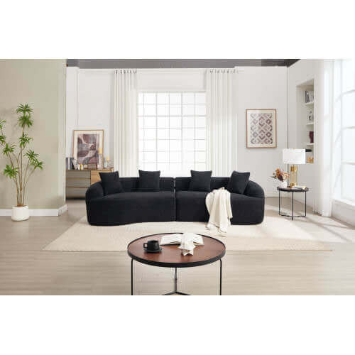 Curved Compression Foam Sectional Sofa – 110” Modular Chenille Couch (Sleeper Style) in modern living room setting.