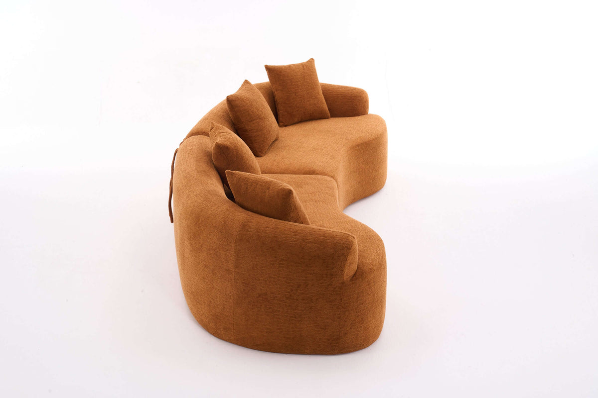 Curved Compression Foam Sectional Sofa – 110” Modular Chenille Couch (Sleeper Style) in warm brown upholstery with cushions.