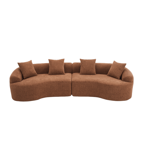 Curved Compression Foam Sectional Sofa – 110” Modular Chenille Couch (Sleeper Style) in warm brown fabric with pillows.