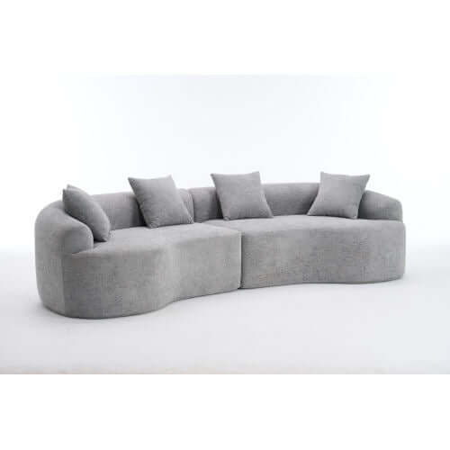 Curved Compression Foam Sectional Sofa – 110” Modular Chenille Couch (Sleeper Style) with plush gray upholstery and pillows.