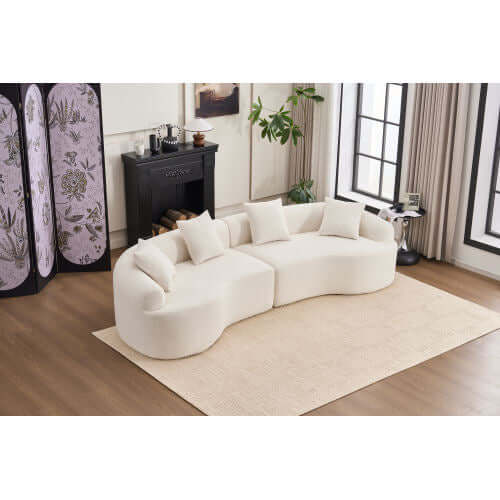 Curved Compression Foam Sectional Sofa – 110” Modular Chenille Couch (Sleeper Style) in a modern living room setting.