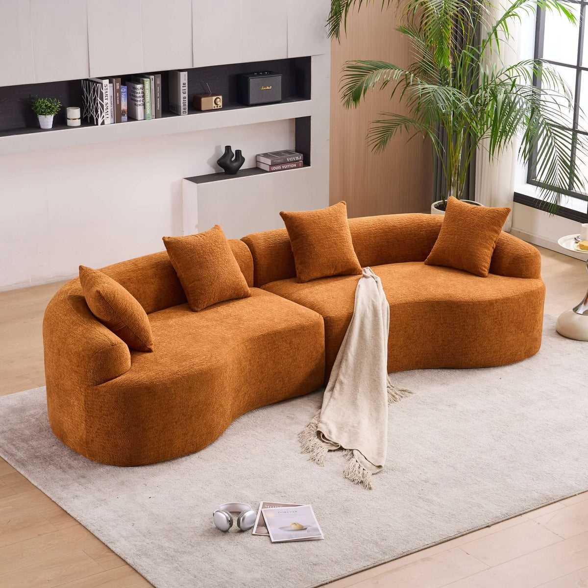 Curved Compression Foam Sectional Sofa – 110” Modular Chenille Couch (Sleeper Style) in a warm orange color.