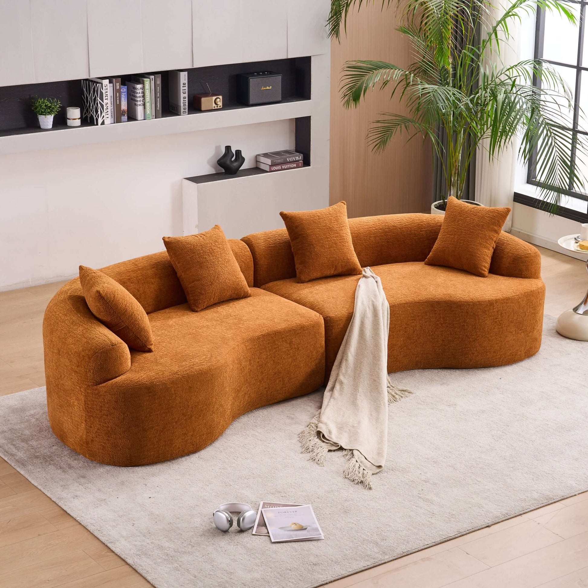 Curved Compression Foam Sectional Sofa – 110” Modular Chenille Couch (Sleeper Style) in a warm orange color.