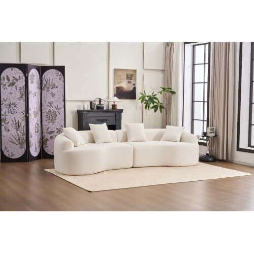 Curved Compression Foam Sectional Sofa – 110” Modular Chenille Couch (Sleeper Style) in a modern living room setting.