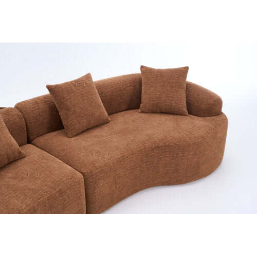 Curved Compression Foam Sectional Sofa – 110” Modular Chenille Couch (Sleeper Style) in brown with plush cushions.