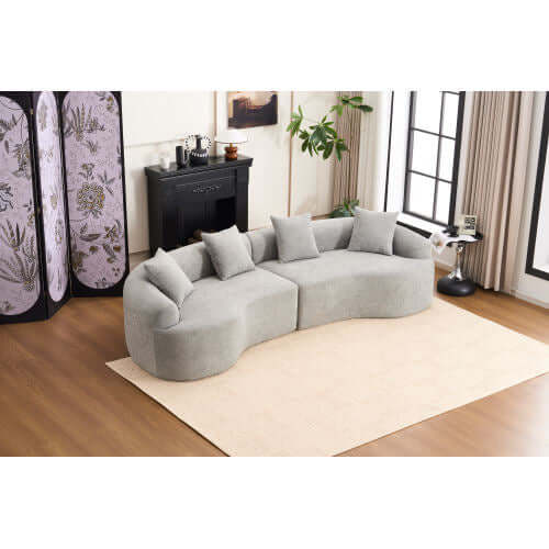 Curved Compression Foam Sectional Sofa – 110” Modular Chenille Couch (Sleeper Style) in a cozy living room setting.
