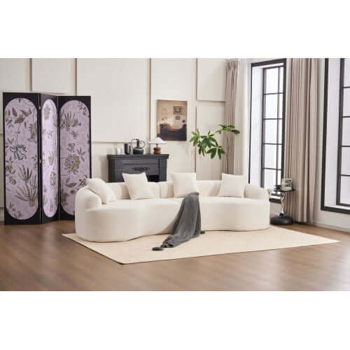 Curved Compression Foam Sectional Sofa – 110” Modular Chenille Couch (Sleeper Style) in a modern living room setting.