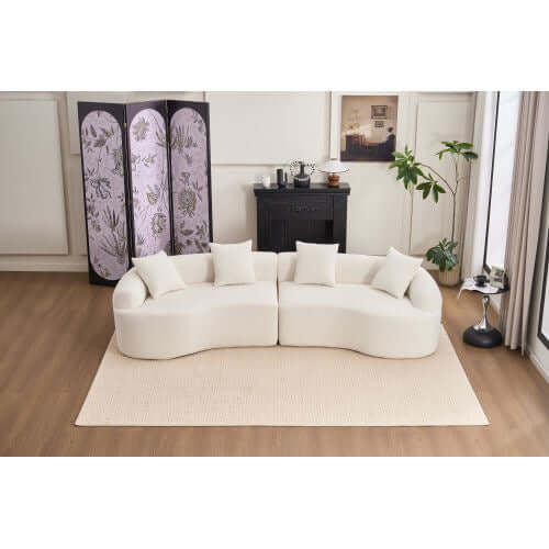 Curved Compression Foam Sectional Sofa – 110” Modular Chenille Couch (Sleeper Style) in a modern living room setting.